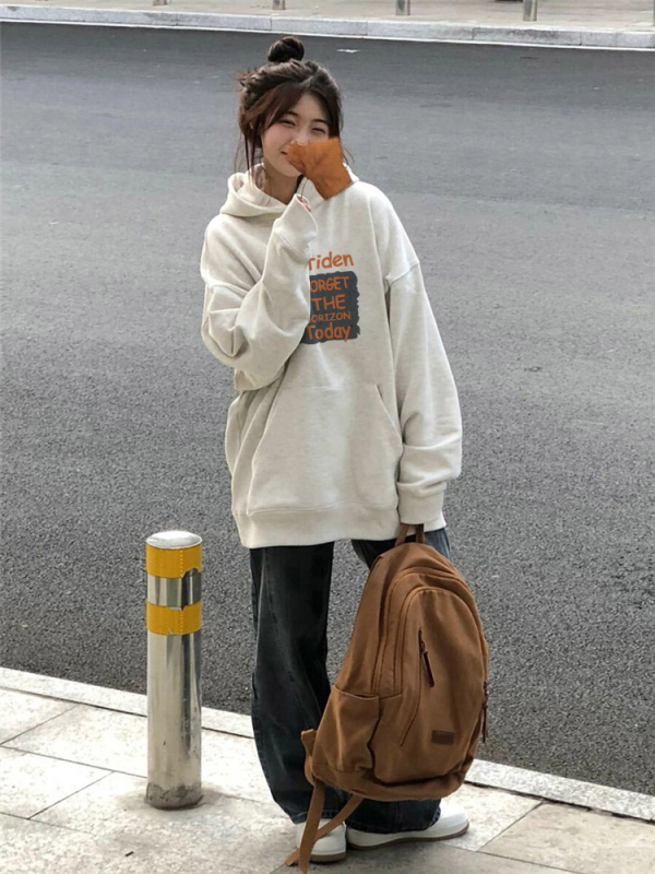 圓領衛衣女秋冬裝設計感慵懶印花寬鬆大碼顯瘦休閒設計感套頭上衣