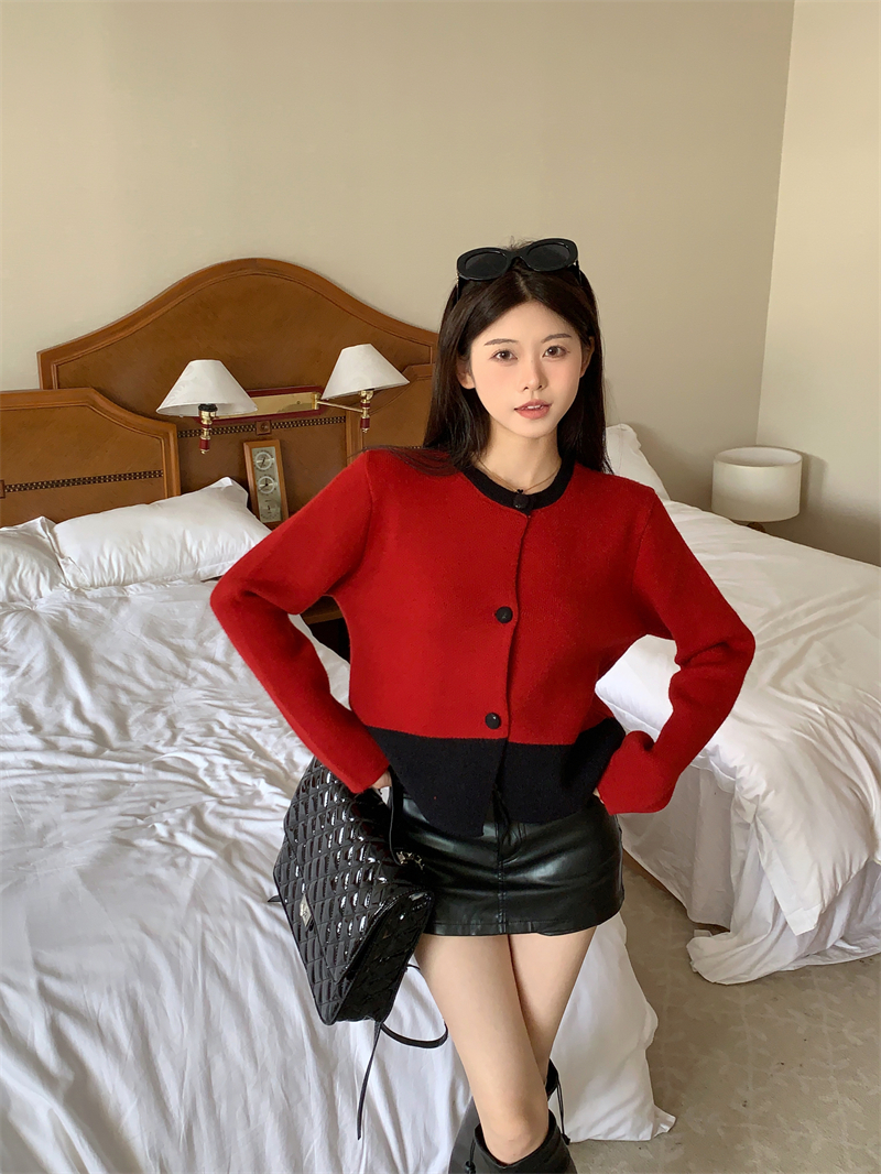實拍 冬季新款韓系設計感拼色圓領慵懶風百搭毛衣針織外套女