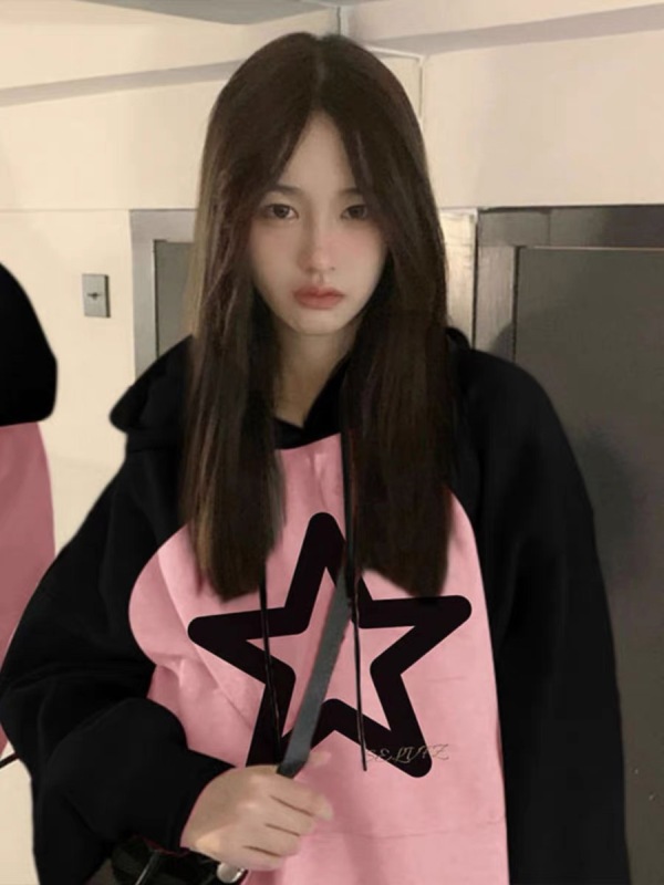 復古插肩袖連帽衛衣女秋冬新款加絨加厚慵懶風小個子情侶上衣外套