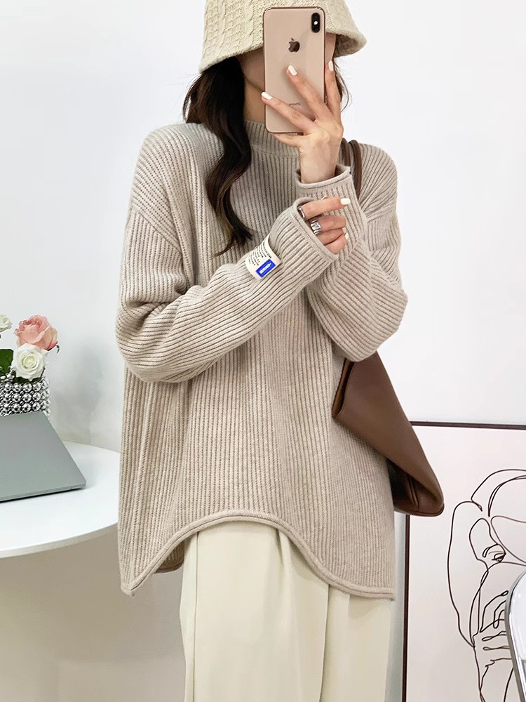 歐洲站秋冬加厚女士不規則毛衣寬鬆套頭針織衫圓領長袖百搭上衣潮