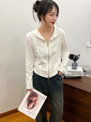 Korean style double zipper design hooded cardigan for women 2023 autumn new pure cotton slim casual short jacket trend