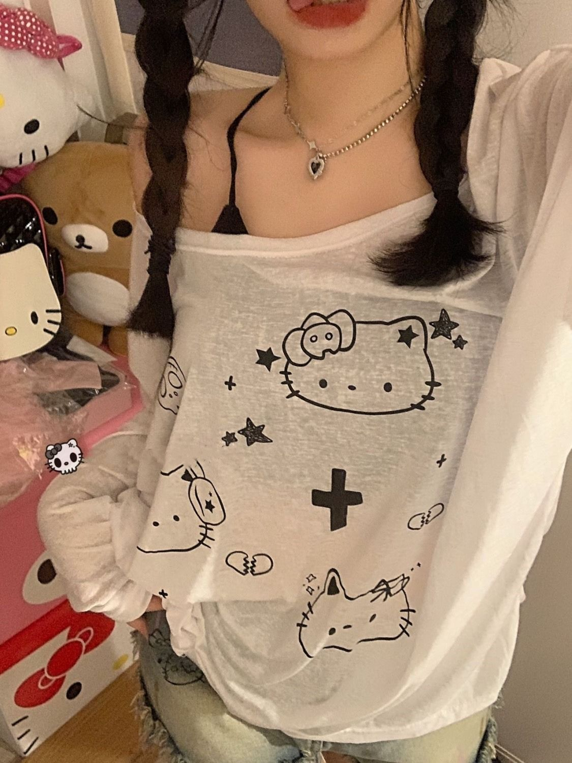 天絲羊絨1*1 日系甜美可愛卡通kt貓罩衫長袖寬鬆百搭薄款辣妹