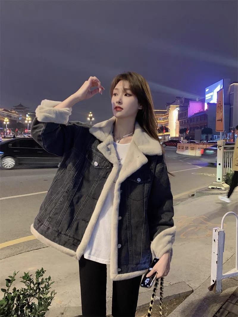 兩面穿羊羔毛牛仔外套女裝冬季韓版寬鬆仿兔毛加絨加厚派克服棉衣