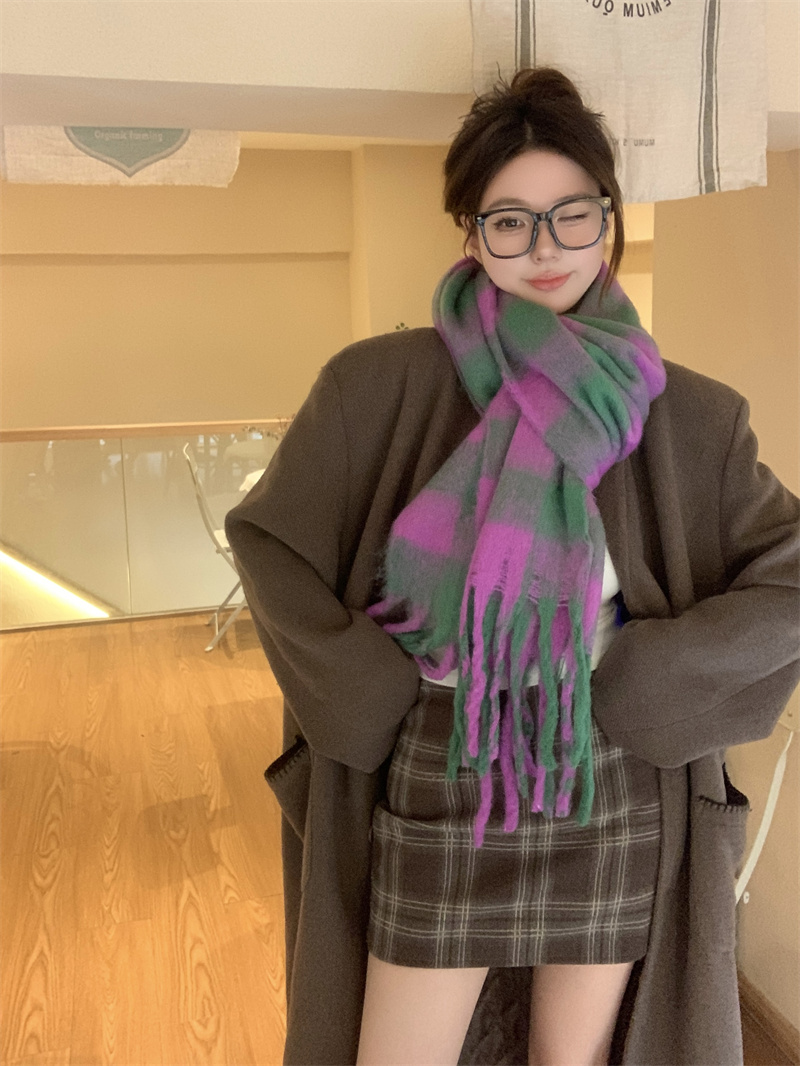 實拍價  馬海毛百搭圍巾冬季女長款加厚漸變色流蘇保暖圍脖