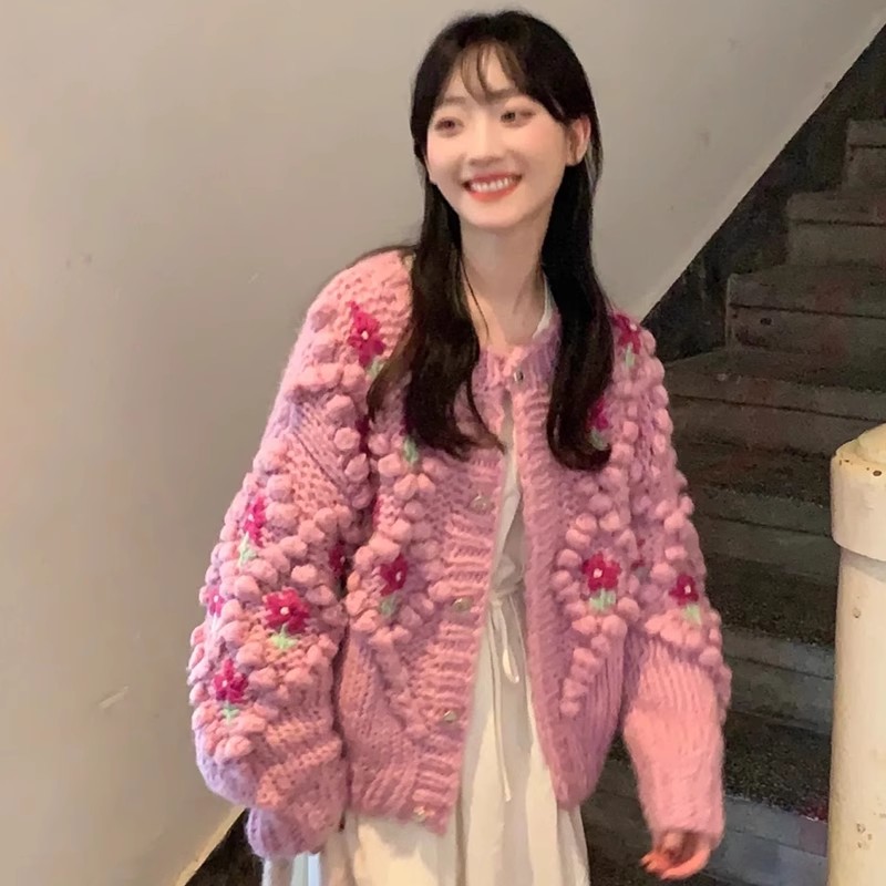 毛衣女春季年新款復古重工鈎花設計感小眾粉色針織開衫外套潮