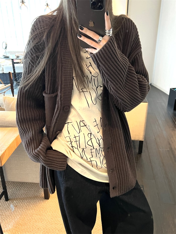 韓版新款巧克力美拉德 慵懶掛毛衣外套女寬鬆針織開衫秋冬