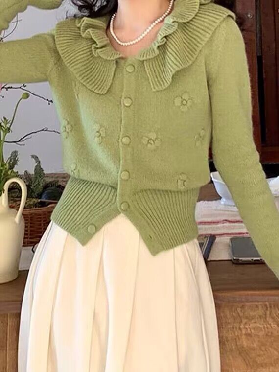 法式溫柔風荷葉領針織開衫女小個子秋款上衣2023立體繡花修身毛衣
