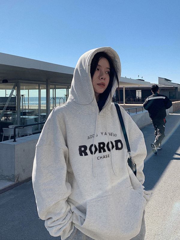 加絨加厚oversize美式連帽衛衣女秋冬新款印花外套保暖長袖上衣潮