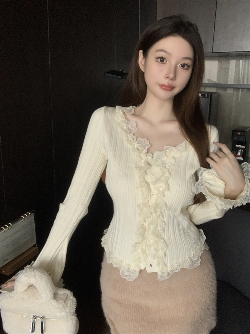 實拍 法式氣質純欲風圓領蕾絲花邊針織開衫修身短款