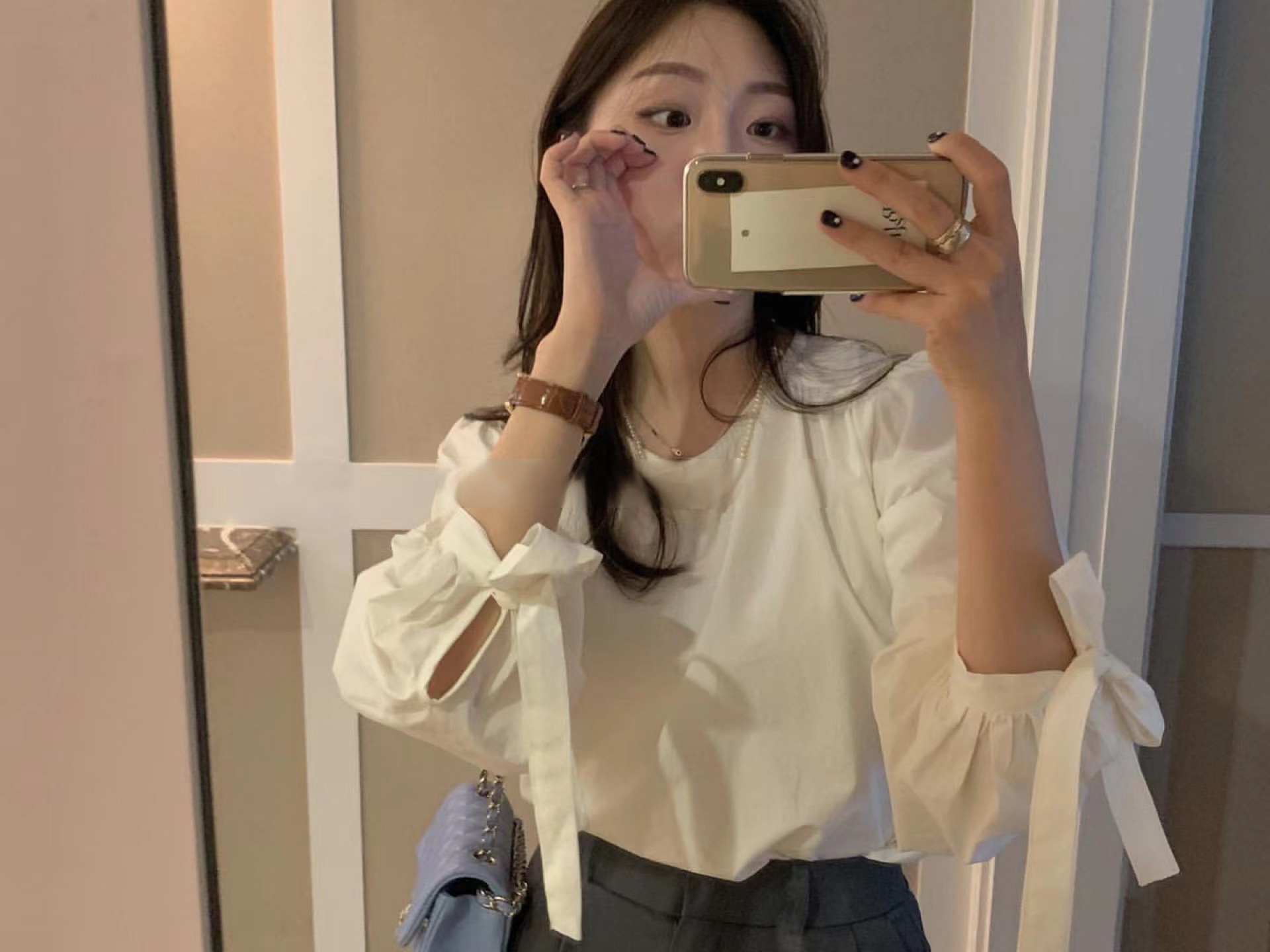 早秋韓版氣質甜美袖口蝴蝶結寬鬆休閒圓領襯衫上衣