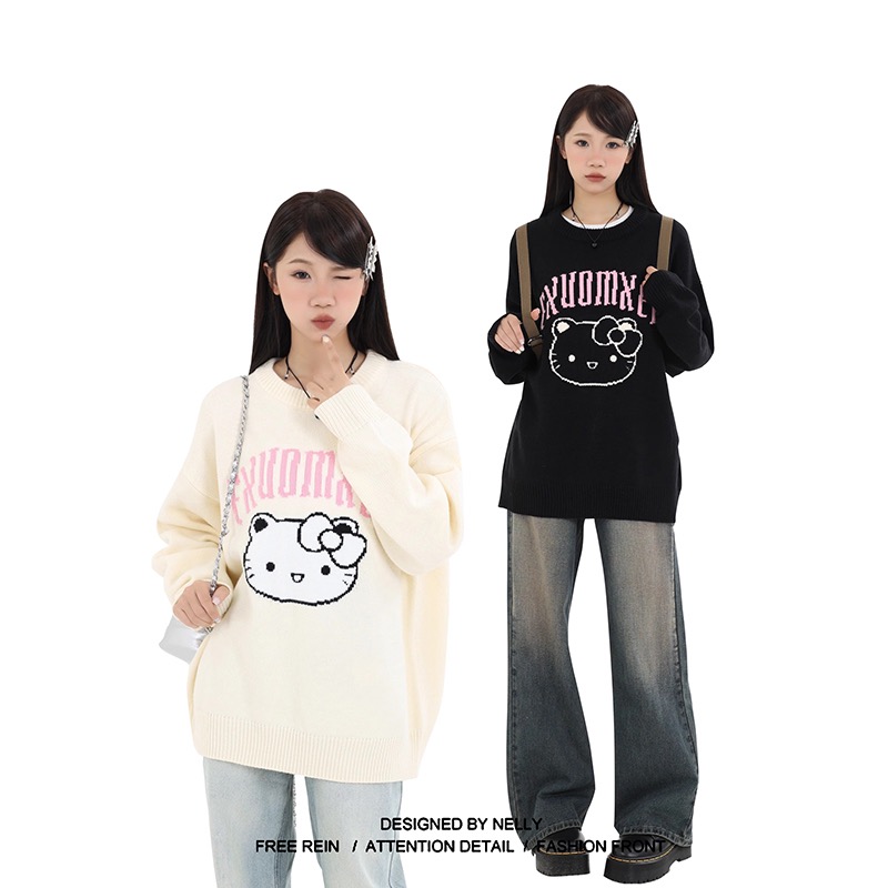 尋喜XUNXI ***小眾kitty貓毛針織衫毛衣女秋冬新款寬鬆打底上衣