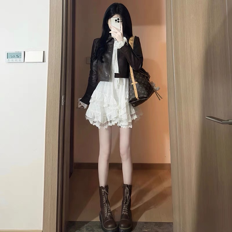 小個子顯高套裝女秋季港風皮衣外套襯衫連衣裙高級感小洋裝兩件套
