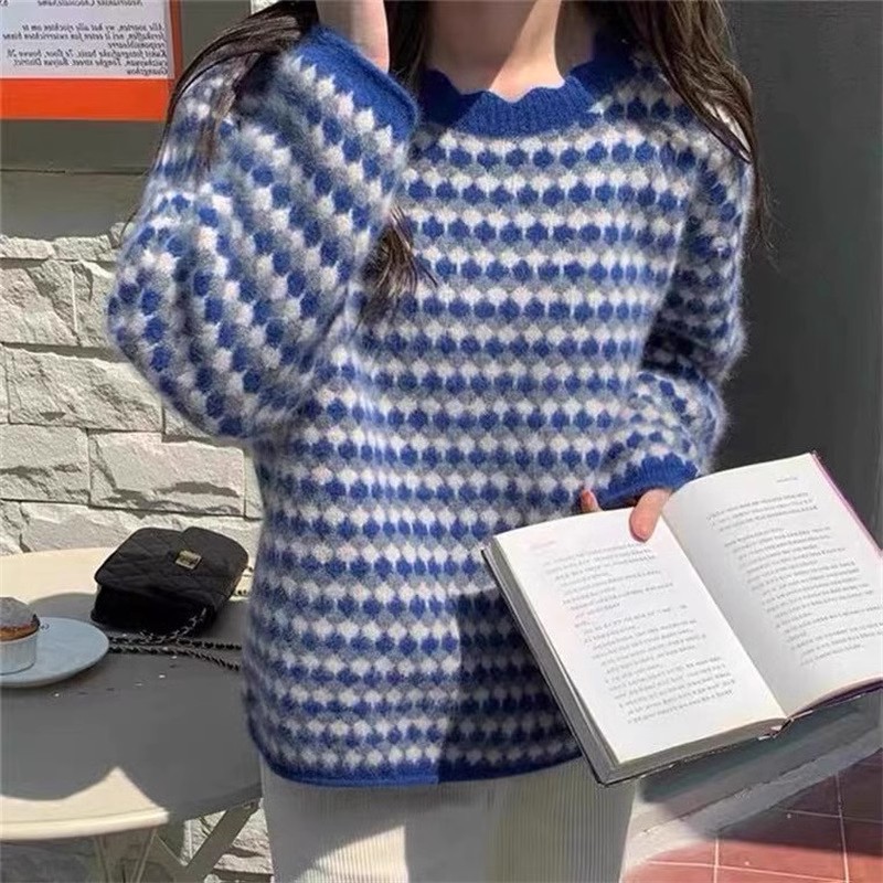 秋冬2023新款軟糯毛衣女拼色條紋圓領設計感寬鬆韓系針織衫上衣女
