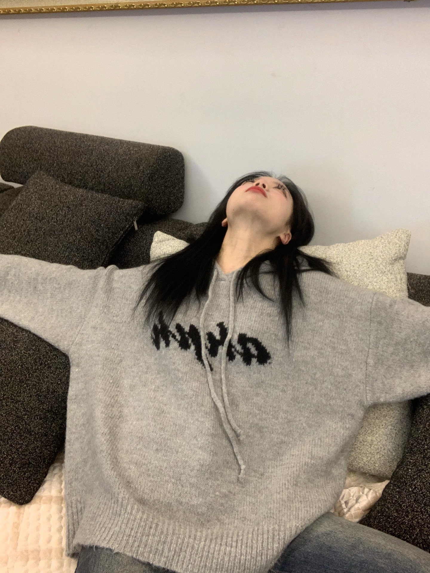 維尼絨 衣長68 胸圍120  2023秋季新款連帽套頭灰色上衣