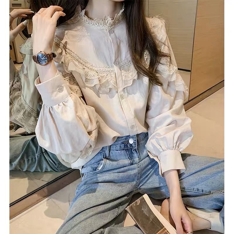 秋季新款法式襯衫女復古燈籠袖甜美蕾絲花邊圓領寬鬆顯瘦襯衣