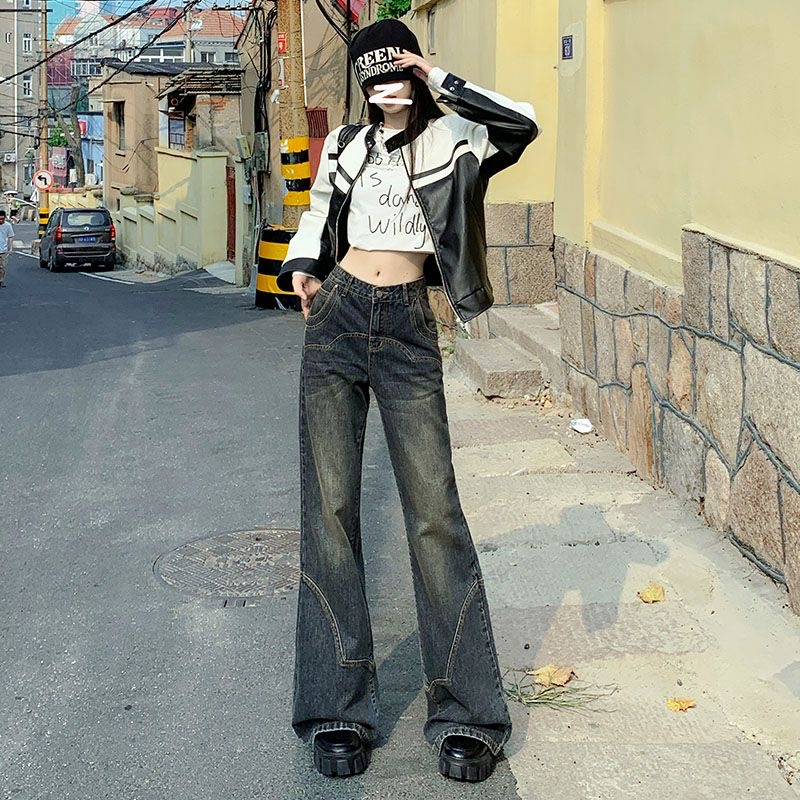 美式復古高腰牛仔褲女秋季2023新款寬鬆顯瘦微喇叭闊腿拖地褲子