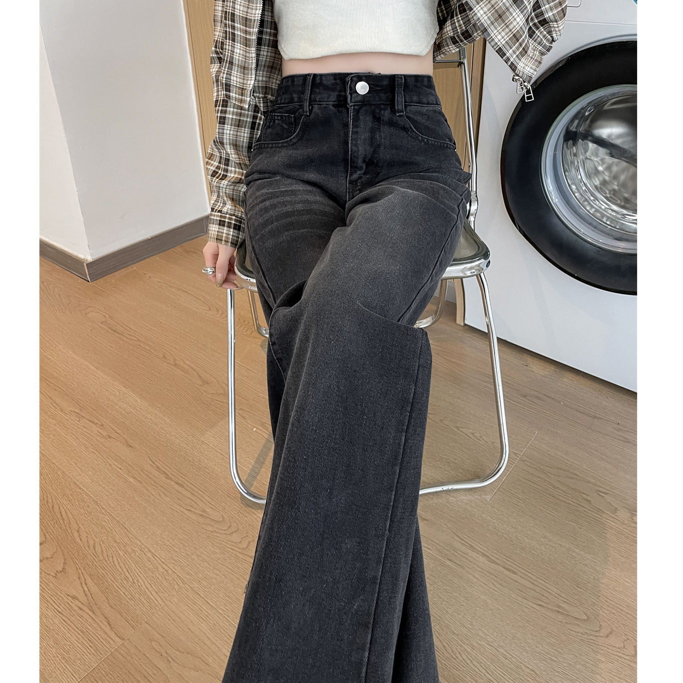 美式高街oversize牛仔褲女小個子春秋新款顯瘦寬鬆微喇闊腿褲