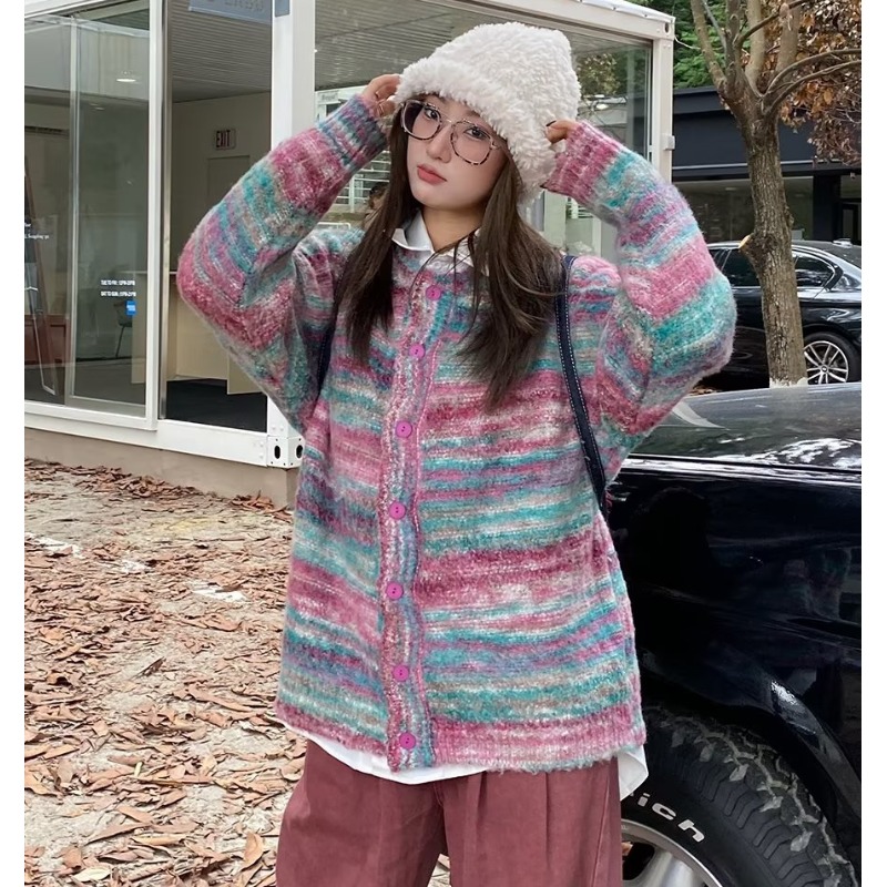美式復古彩色條紋毛衣女2023秋冬新款慵懶風高級感超好看針織外套