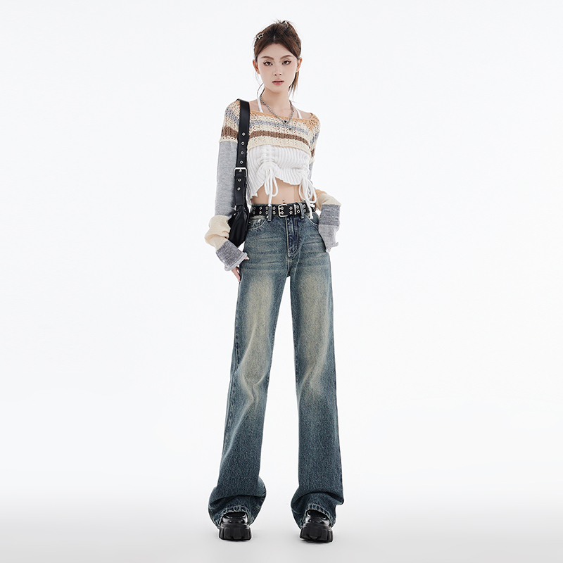 實拍2023秋季時尚復古美式做舊低腰闊腿直筒微喇牛仔褲女