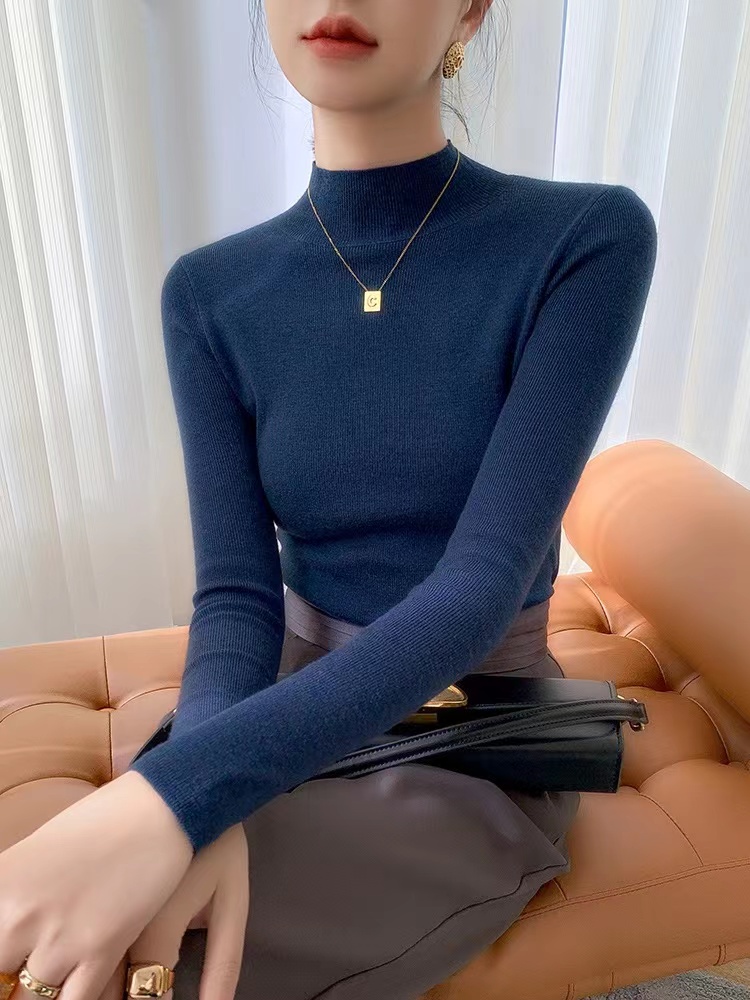 秋冬法式氣質半高領羊毛衫女冬季緊身針織衫內搭打底毛衣加厚上衣