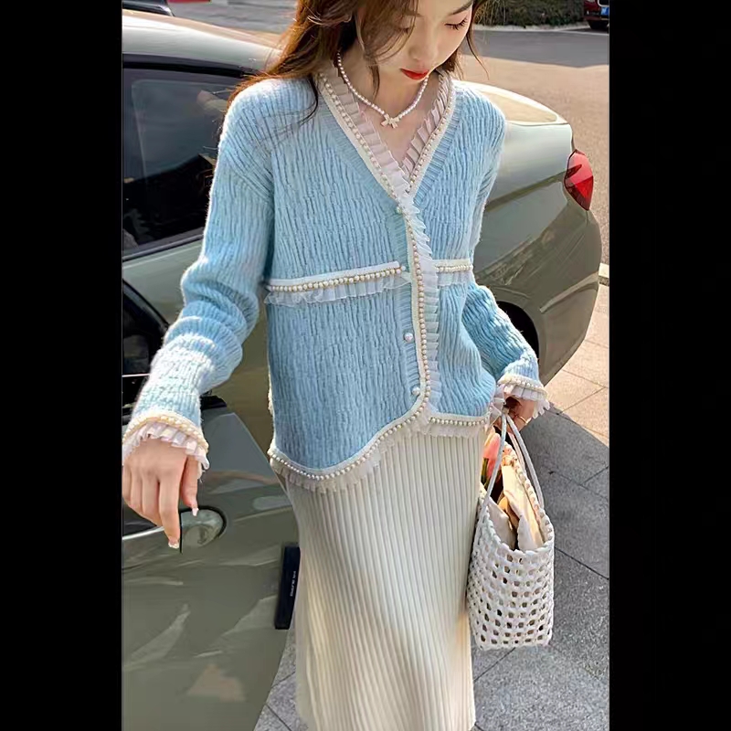 2023秋裝小香風毛衣外套女韓系ins甜美蕾絲花邊寬鬆溫柔針織開衫