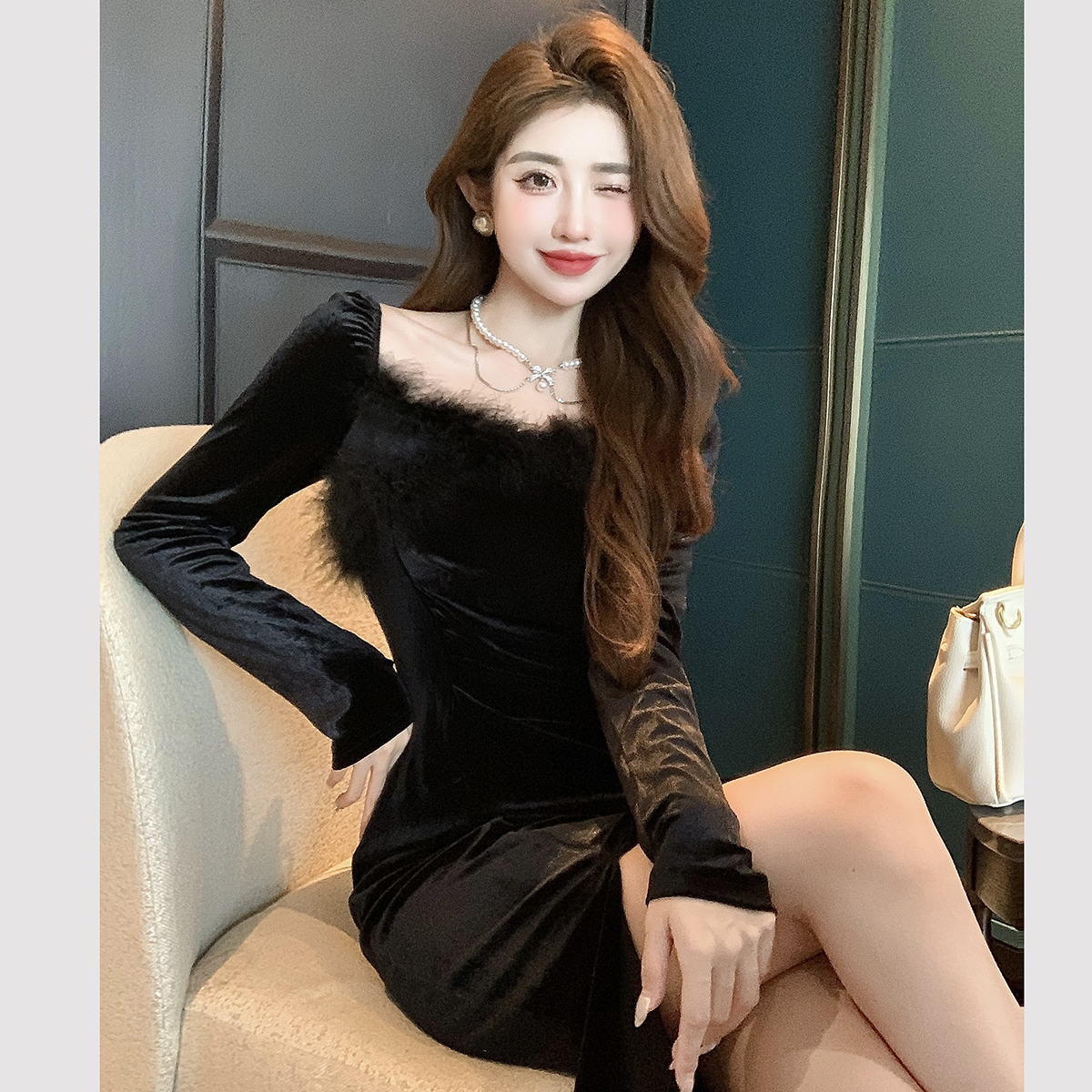 實拍毛毛領拼接設計褶皺開叉禮服連衣裙
