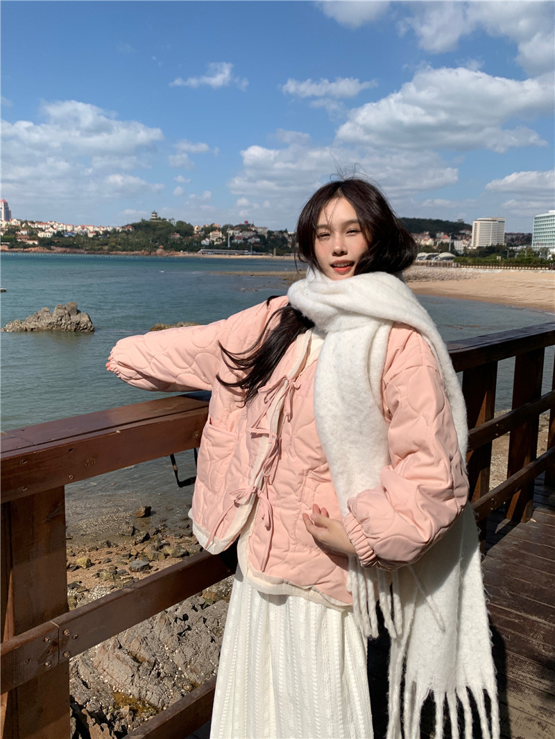 實拍~冬季新款花邊棉服甜美學院風寬鬆加絨加厚保暖棉衣女