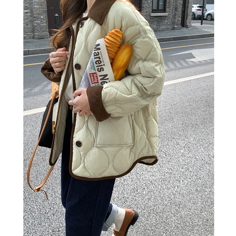 官圖夾棉含內里羽絨服女撞色翻領菱格麵包服外套女