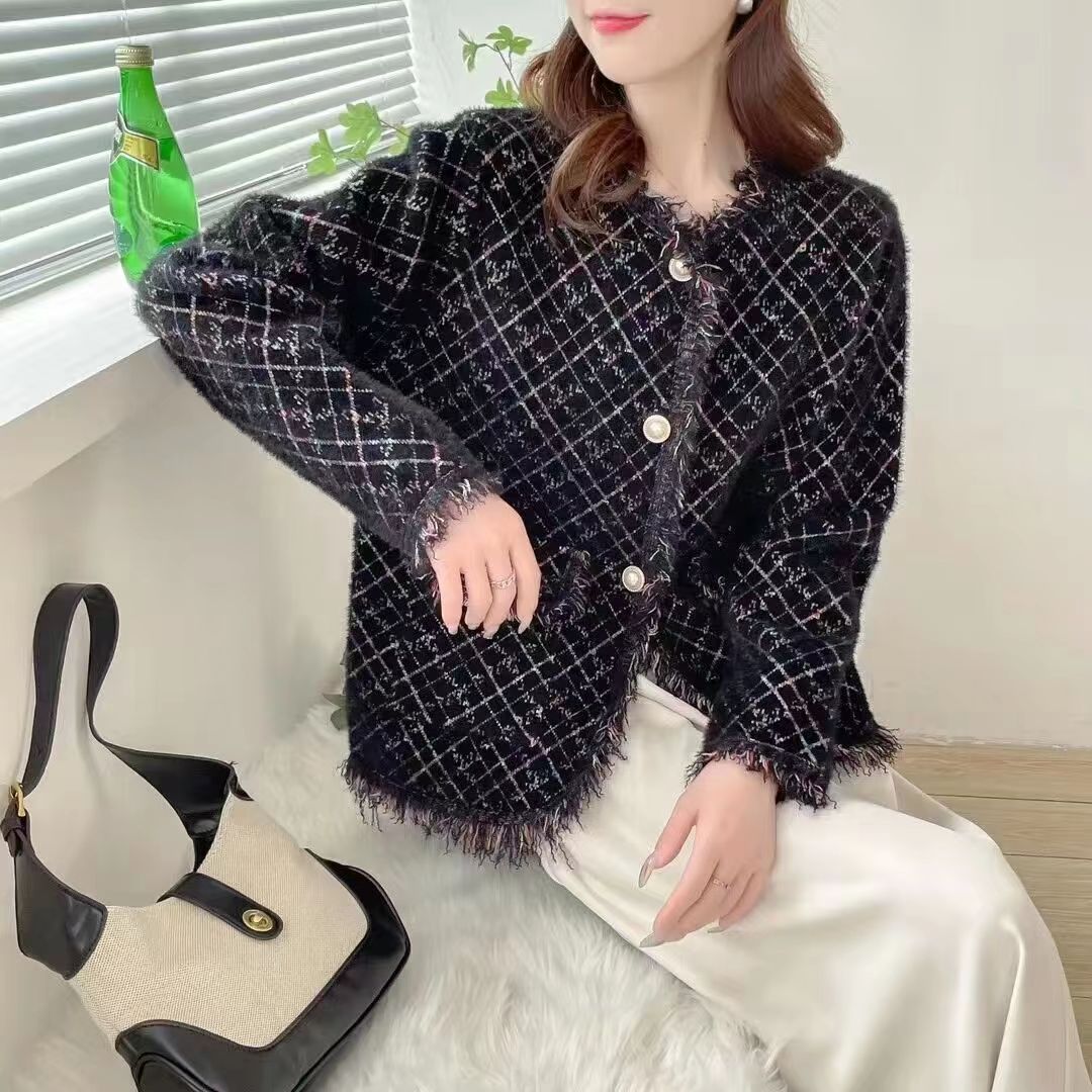 春秋新款名媛小香風外套女仿水貂絨針織開衫網紅流蘇上衣高檔外搭
