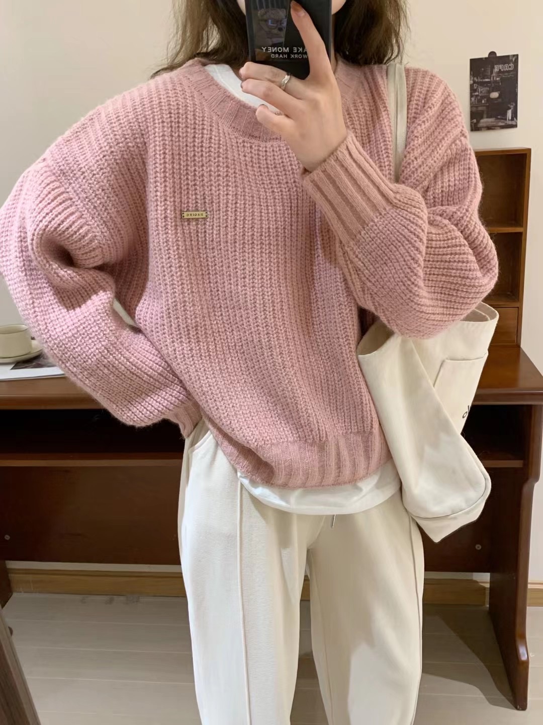 秋冬新款純色套頭毛衣女韓系簡約寬鬆慵懶百搭圓領針織衫打底上衣