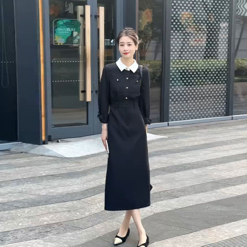 赫本風高級感超好看長袖連衣裙女秋季2023新款法式黑色氣質長裙子