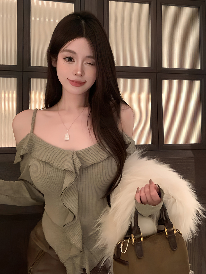 實拍   荷葉邊設計感長袖針織衫女打底衫修身短款純欲上衣