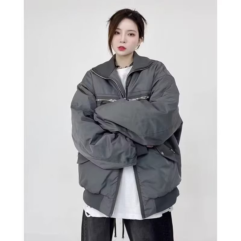 Vintage American high street zippered multi-pocket flight jacket trendy brand loose solid color MA1 baseball uniform jacket for women