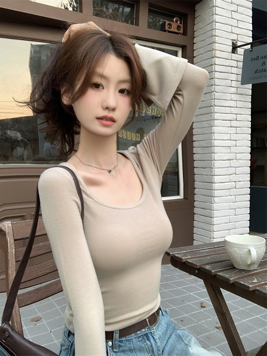 喇叭袖打底T恤女秋季韓版2023新款低圓領修身顯瘦設計感長袖上衣