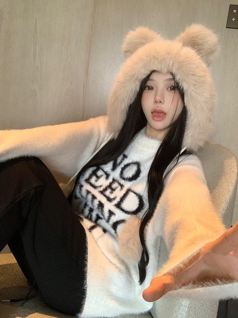 實拍 秋冬仿水貂毛字母印花毛衣百搭寬鬆慵懶風軟糯套頭上衣