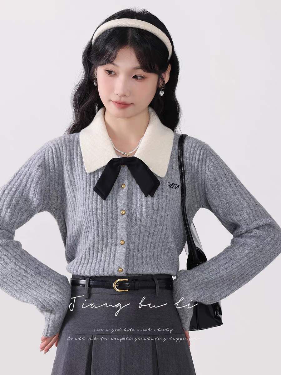 江不離戀空甜美氣質翻領灰色毛衣女秋冬寬鬆百搭長袖開衫上衣