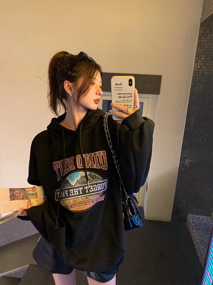 老6衣櫃女裝復古美式印花連帽衛衣秋冬胖妹妹mm韓范寬鬆上衣女