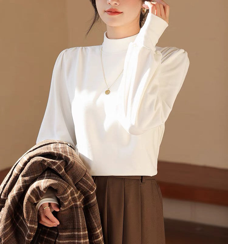 Versatile solid color thickened brushed autumn and winter new high collar puff sleeves slimming T-shirt bottoming shirt versatile tops for women