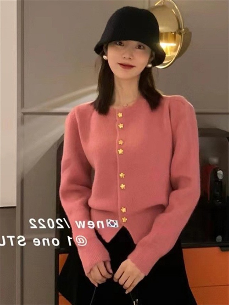 紅色氣質小香風針織開衫女秋冬法式設計感金扣收腰短款內搭毛衣厚