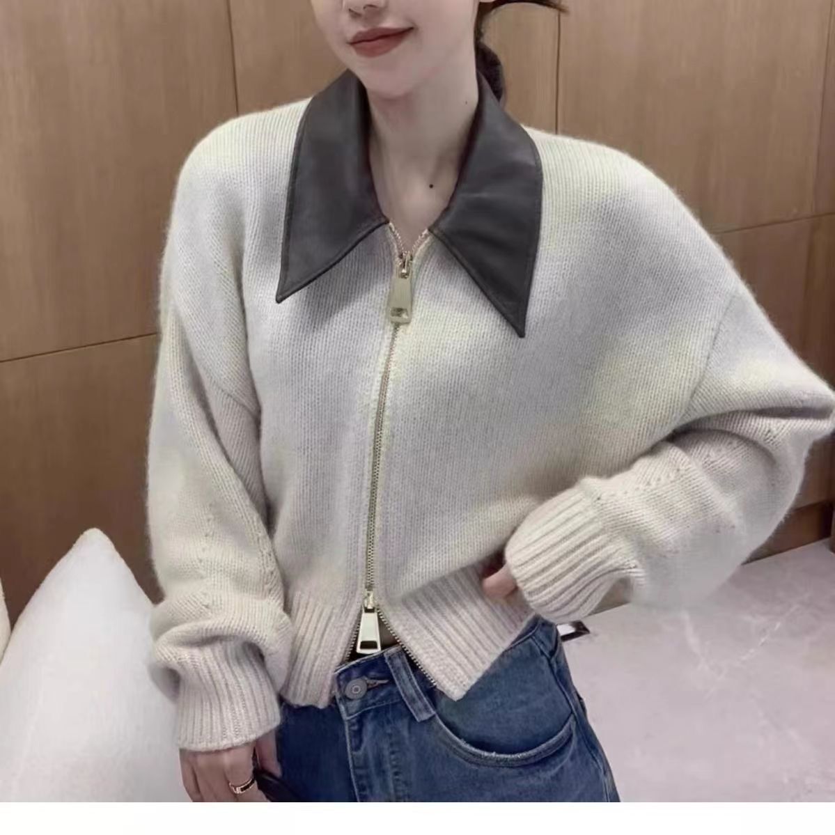 Designed leather double zipper knitted jacket autumn women's 2023 fashionable lady foreign style short soft waxy sweater cardigan