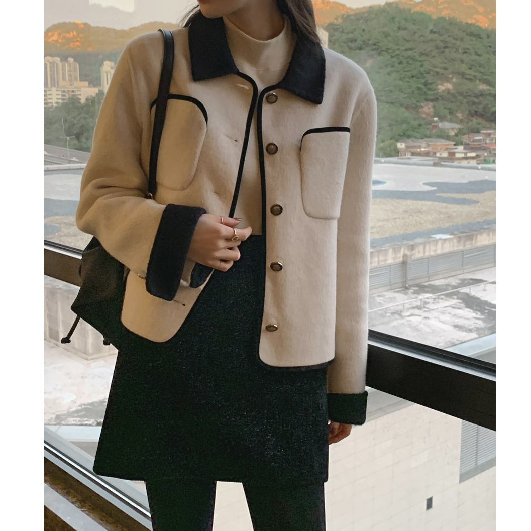 韓版秋冬小香風大衣翻領撞色小個子氣質高級感呢子短外套上衣