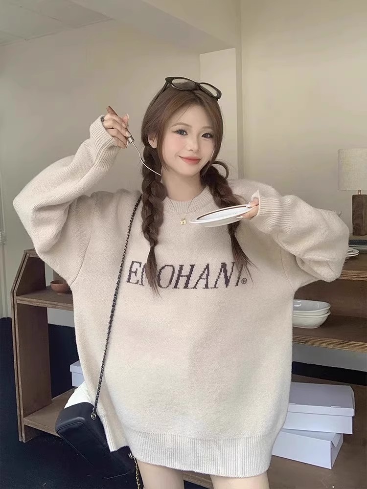 國潮慵懶風軟糯字母毛衣女2023秋季寬鬆套頭針織衫長袖情侶裝上衣