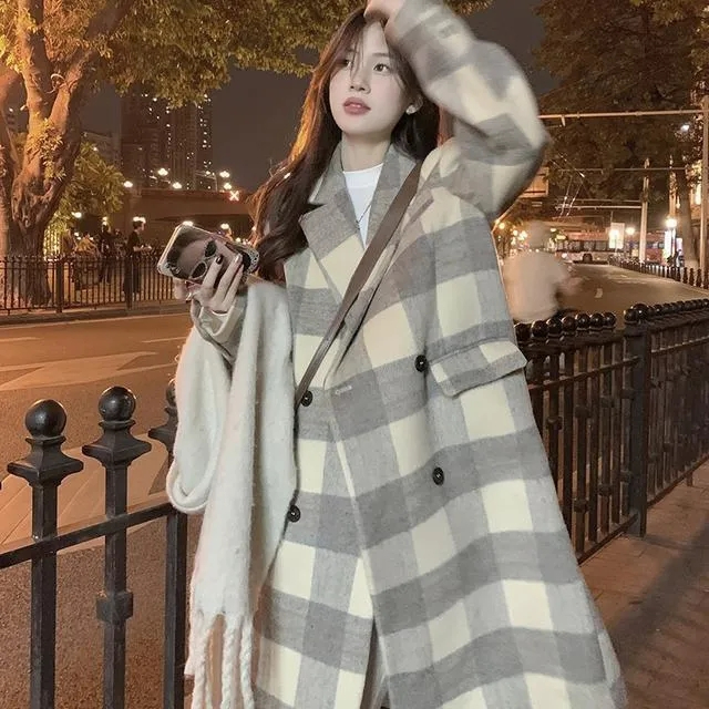 韓版格子毛呢外套女2023新款秋冬季中長款休閒氣質赫本風呢子大衣