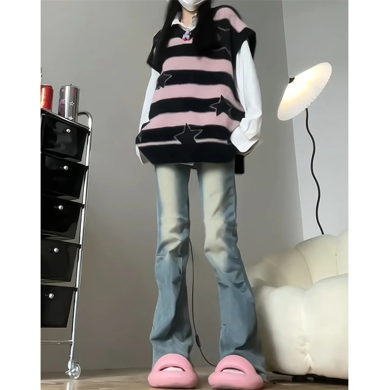 美式復古微喇叭牛仔褲女秋冬新款高腰彈力修身顯瘦直筒拖地褲