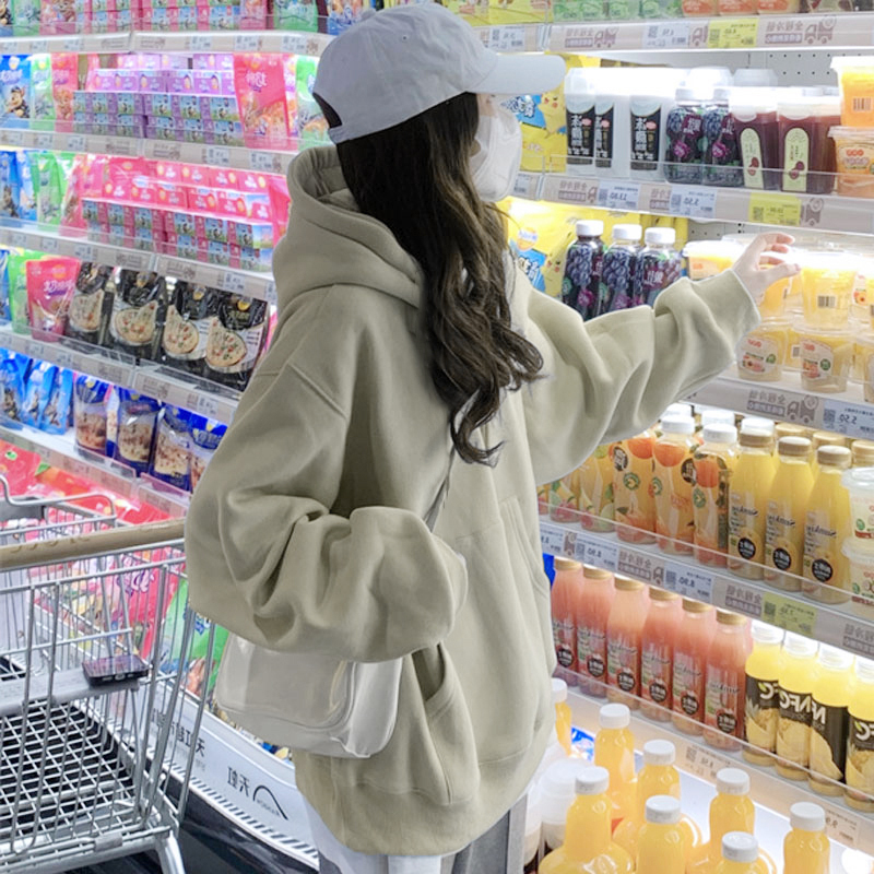 奶茶色連帽衛衣女2023秋冬新款加絨慵懶風小個子oversize奶乖上衣