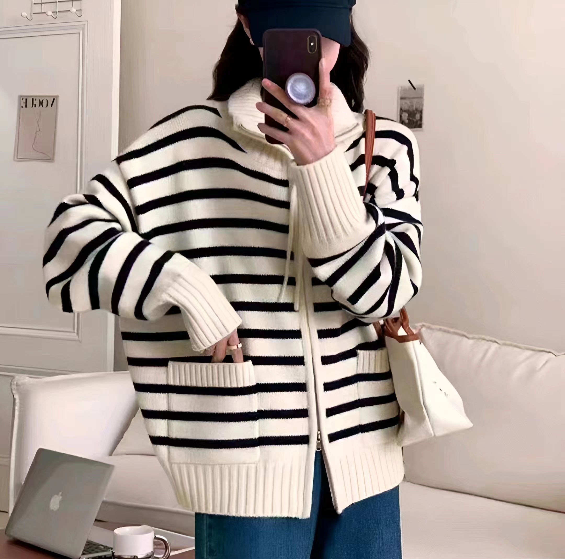 秋冬新款女韓版寬鬆時尚POLO領條紋羊毛開衫百搭保暖拉鏈毛衣外套