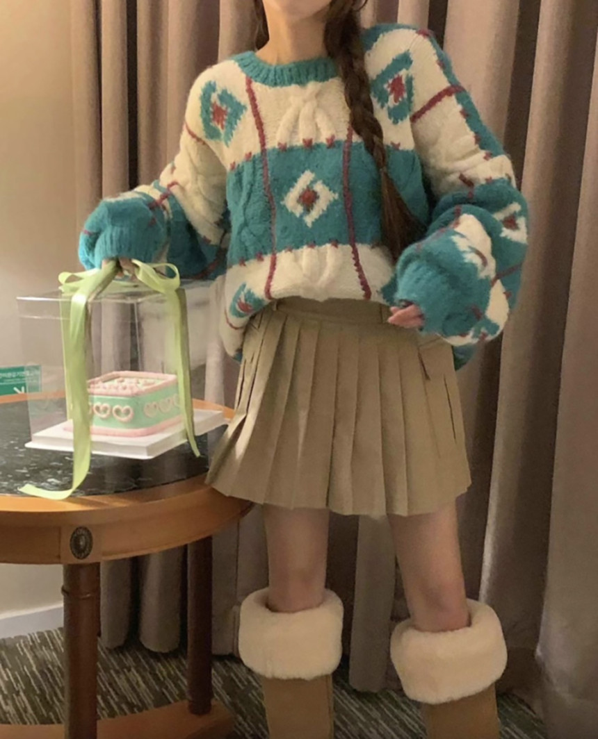 韓國chic秋冬聖誕重工提花加厚保暖針織毛衣女