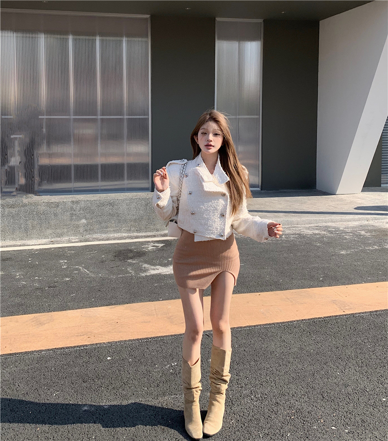 Actual shot of Korean style braided lapel small fragrant style slimming short jacket for women