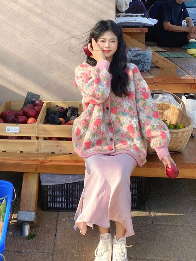 粉色碎花圓領毛衣外套女秋冬韓版減齡溫柔風少女感氣質針織衫上衣