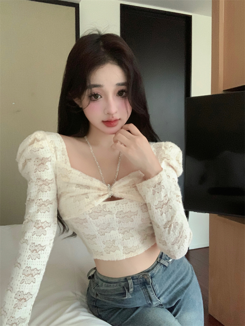 實拍~甜辣妹修身短褲別致上衣方領氣質掛脖短款蕾絲衫